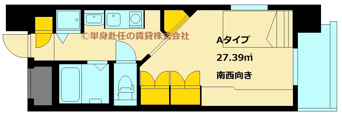 JR東西線御幣島駅、家具付き賃貸マンション、ハイム千舟、間取図、Aタイプ