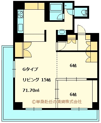 大浴場付きマンション新大阪、新大阪大浴場付き賃貸、新大阪の大浴場付き賃貸マンションならアローンズ大阪、単身赴任の賃貸株式会社、担当田野上、アローンズ大阪Gタイプ間取図