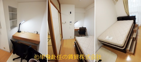 家具付き賃貸マンション、単身赴任、東三国駅、机とベッド